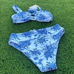 Blue Floral High-Waist Bikini Set - Women's Swim